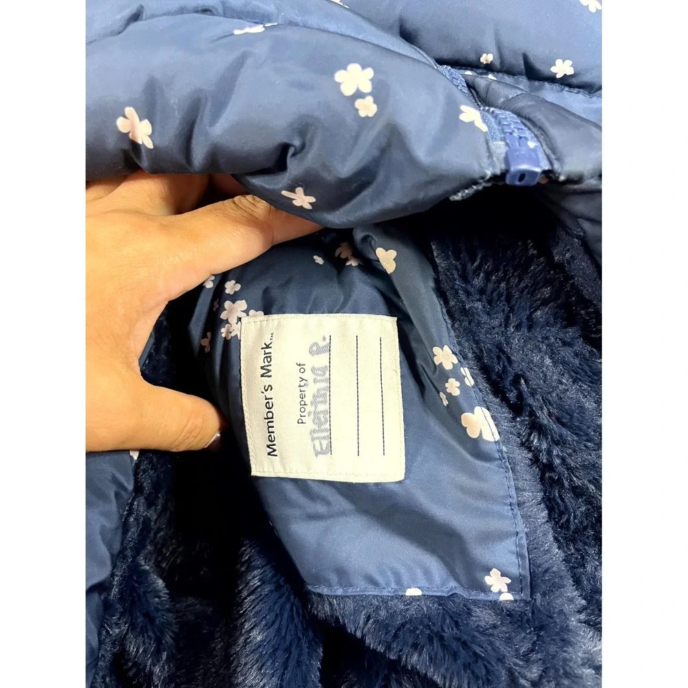 Member's Mark Puffer Jacket Girls M 7/8 Navy Blue Floral Faux Fur Hood Full Zip